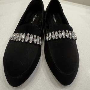 White MT Black Suede Rhinestone Accent Flats 7.5W